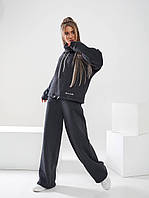 Теплый спортивный женский костюм - худи с брюками палаццо арт. 467 серого цвета / серый меланж