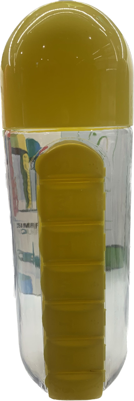 Пляшка для води з органайзером для таблеток жовта 600 мл, фото 1