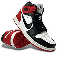 Кроссовки женские весенние Nike Air Jordan 1 кожаные высокие черные красные со шнуровкой деми осень/весна
