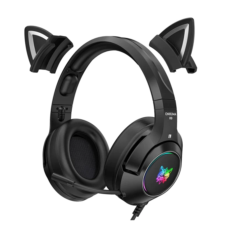Навушники з котячими вушками Onikuma K9 Black чорні RGB підсвічування
