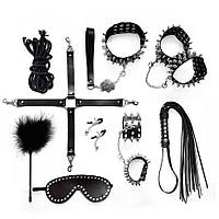 BDSM-набір Art of Sex – Spikes BDSM Set Leather, 10 предметів, чорна, натуральна шкіра