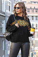 Женский джемпер черный желтая вышивка на груди и рукавах в этно стиле свободный размер 44-52 полушерстяной