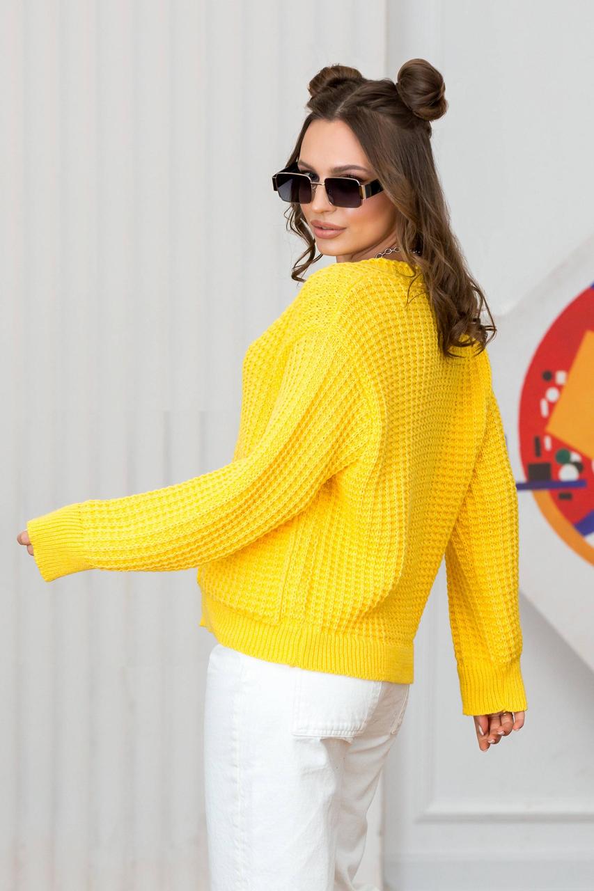Женская кофта кардиган Малибу на пуговицах желтая хлопок короткая свободная размер 42-48 - фото 4 - id-p1737411415