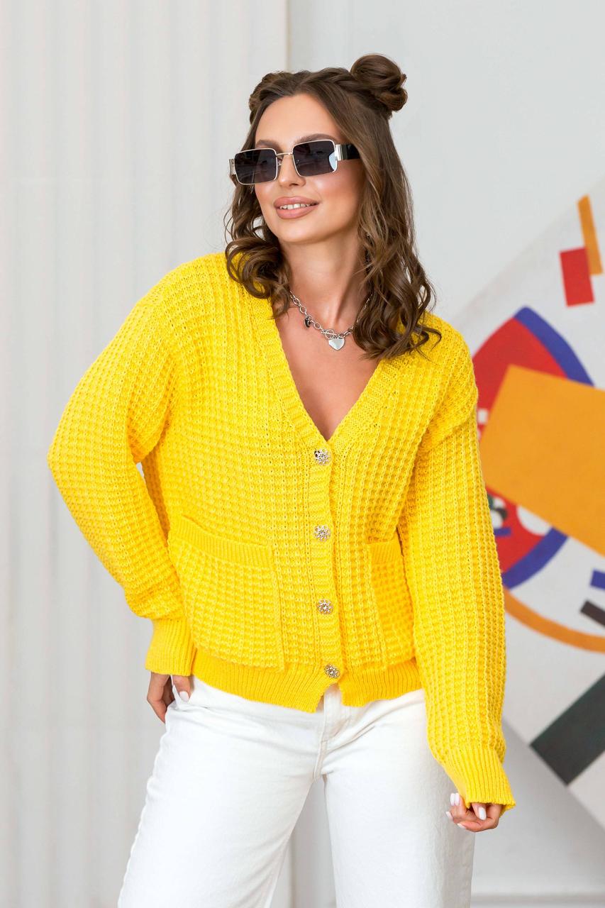 Женская кофта кардиган Малибу на пуговицах желтая хлопок короткая свободная размер 42-48 - фото 3 - id-p1737411415