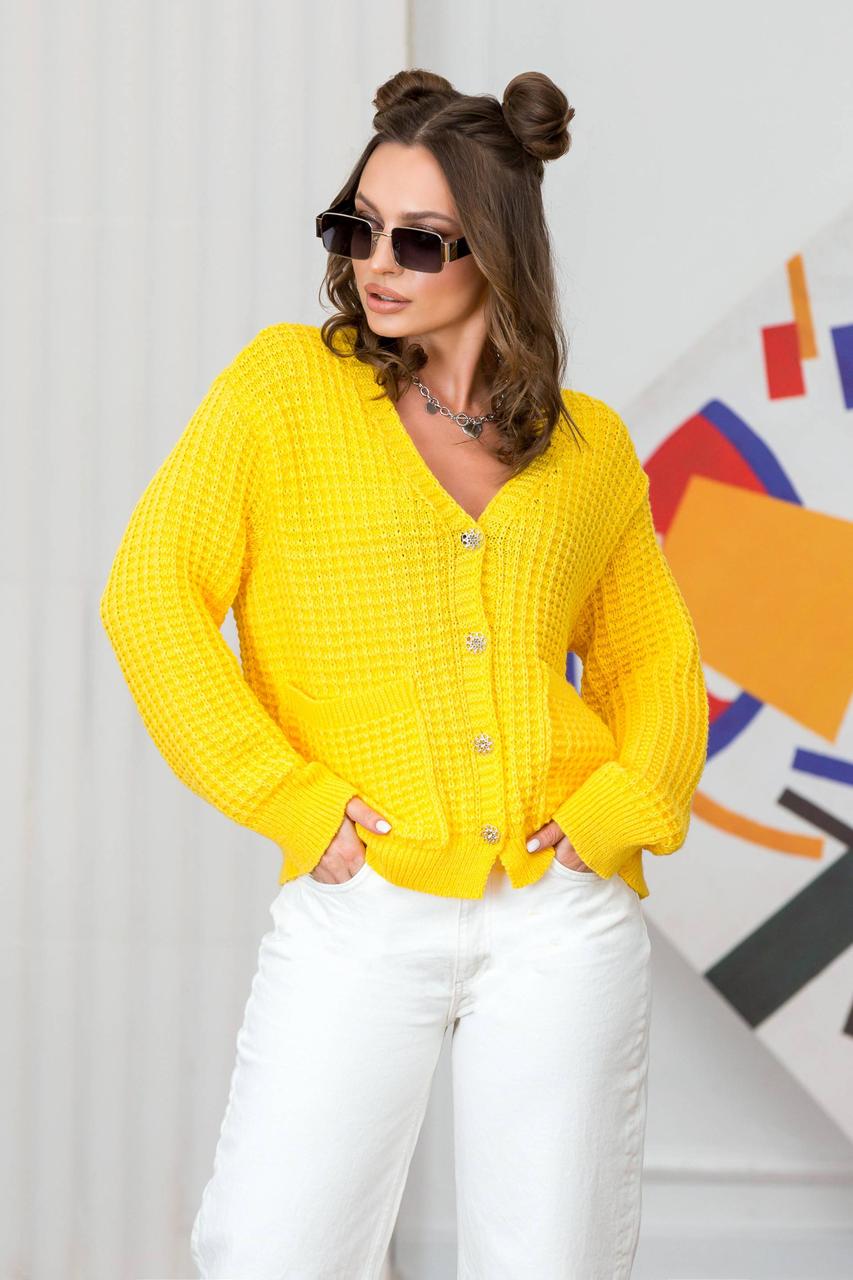 Женская кофта кардиган Малибу на пуговицах желтая хлопок короткая свободная размер 42-48 - фото 1 - id-p1737411415