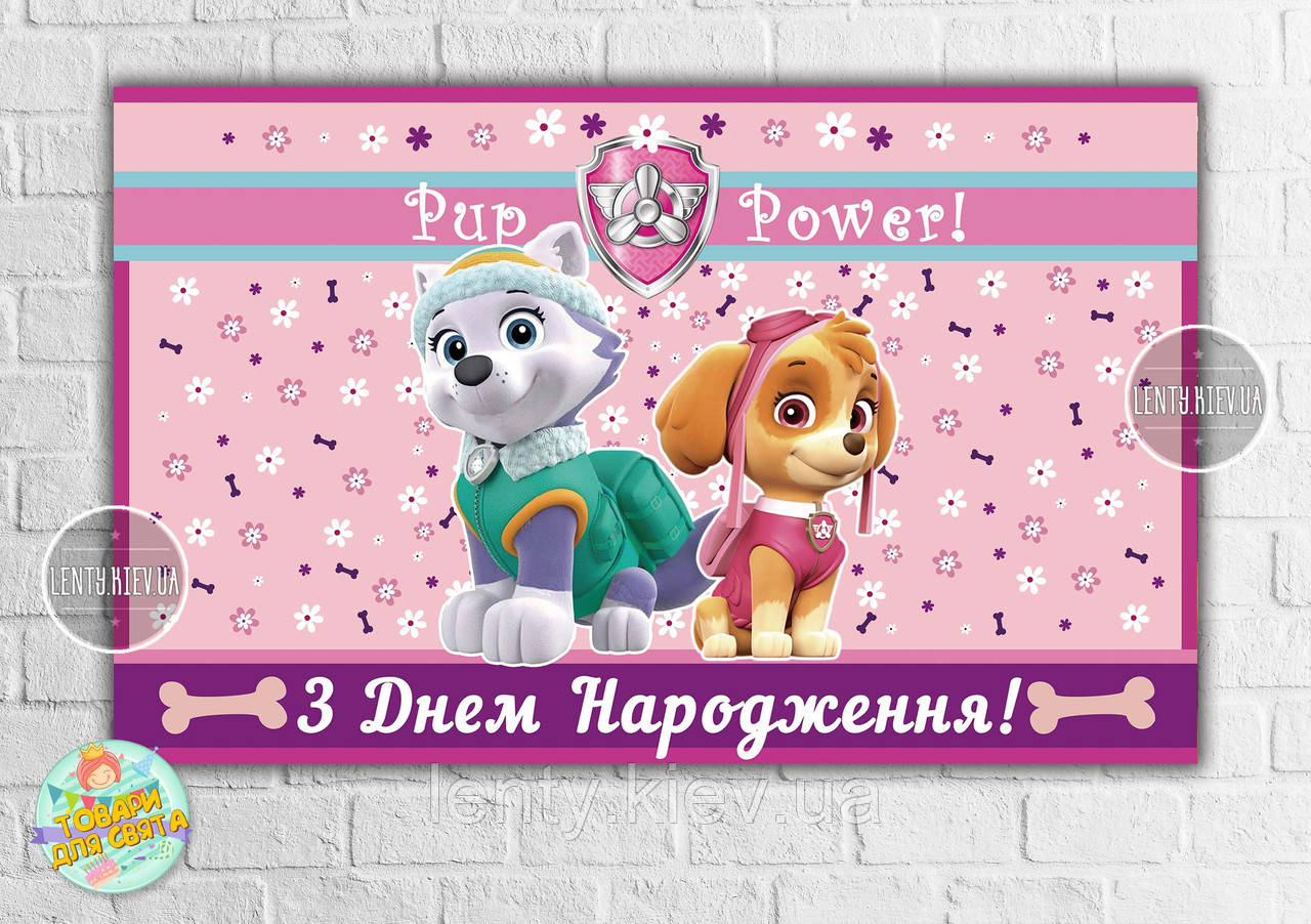 Плакат "Щенячий патруль - Скай і Еверест" Рожевий 120х75 см на дитячий День народження - Українська мова