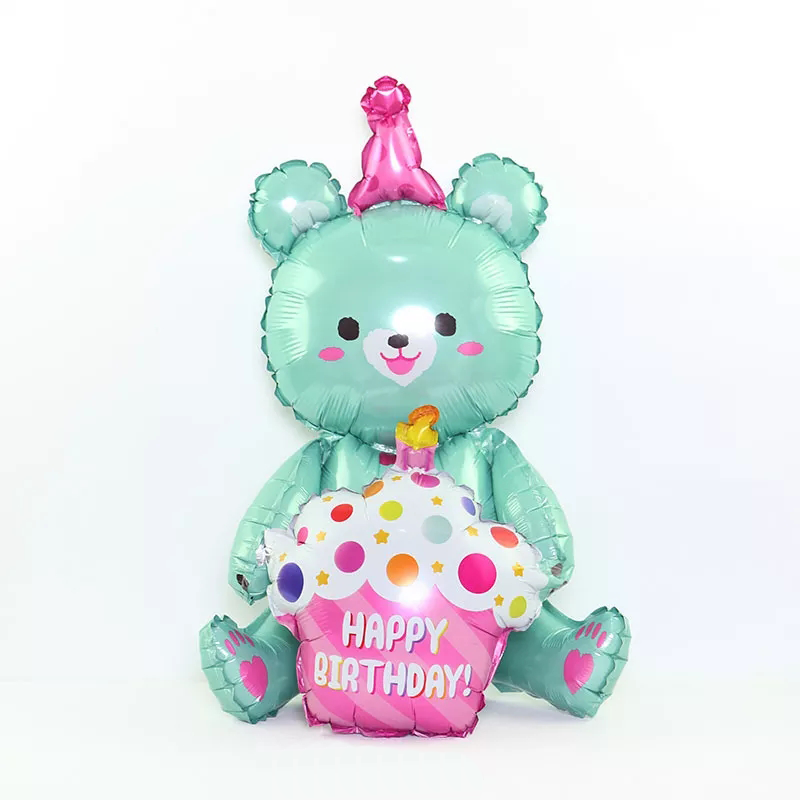 Фольгована кулька Ведмедик з тортом 60х38см (23") | Блакитний