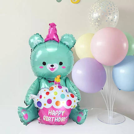 Фольгована кулька Ведмедик з тортом 60х38см (23") | Блакитний, фото 2