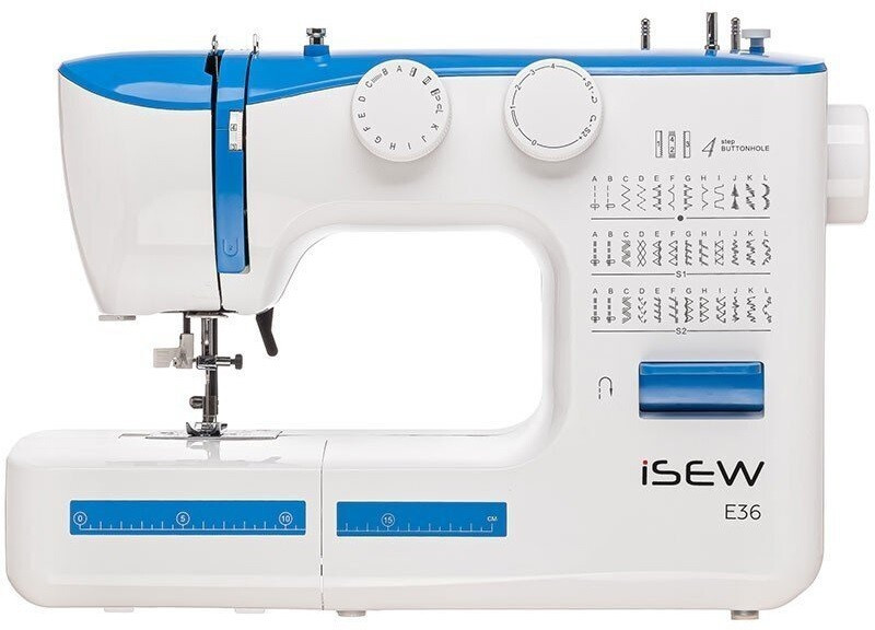 Janome Швейна машина iSEW E36, електромех., 62Вт, 36 шв.оп., петля напівавтомат, білий+синій