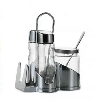 Набір д/спецій (сіль+перець+серв.+соус) на пласт. підставці чорний