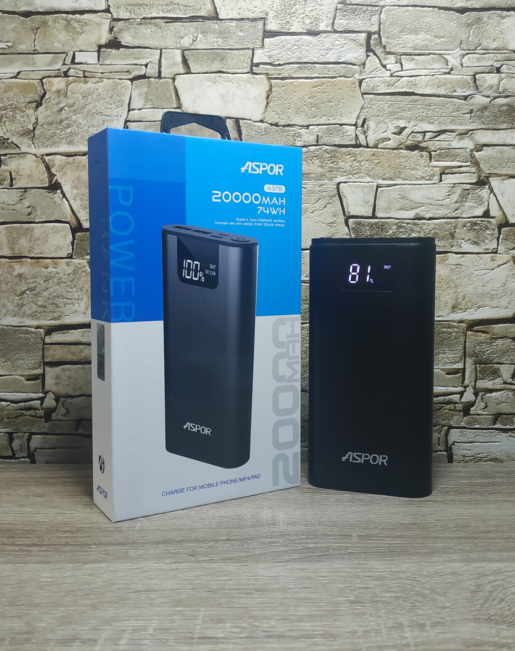 Зовнішній акумулятор PowerBank Aspor A378 20000 mAh (металевий корпус, реальна ємність,швидка зарядка)