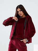Женский прогулочный костюм тройка бордо велюровая жилетка на синтепоне кофта свитшот штаны высокие на манжетах