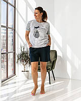 Комплект батальный женский c шортами и футболкой 2 кота Nicoletta 38021ю светло-серый с принтом