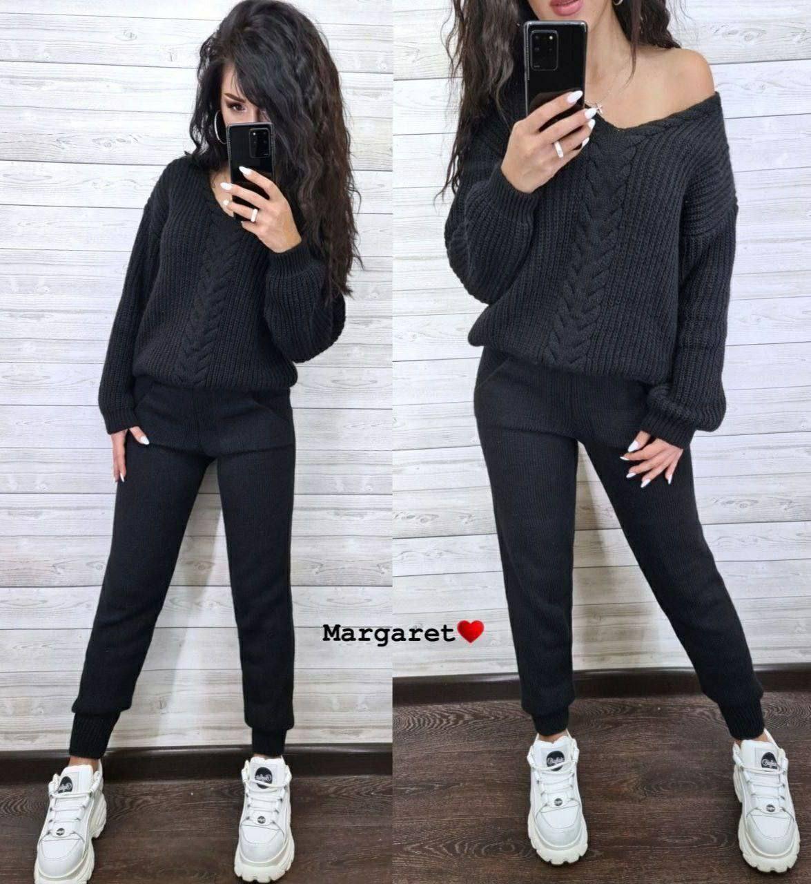 Теплий жіночий костюм Бонжур в'язаний светр та штани Dmk5274