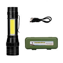 Ліхтар ручний BL-T6-19 T6+COB універсальний із зарядкою USB, з фокусуванням, бічне світло, кліпса, фото 2