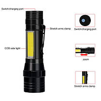 Ліхтар ручний BL-T6-19 T6+COB універсальний із зарядкою USB, з фокусуванням, бічне світло, кліпса, фото 3
