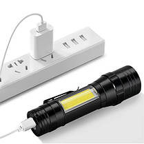 Ліхтар ручний BL-T6-19 T6+COB універсальний із зарядкою USB, з фокусуванням, бічне світло, кліпса, фото 5