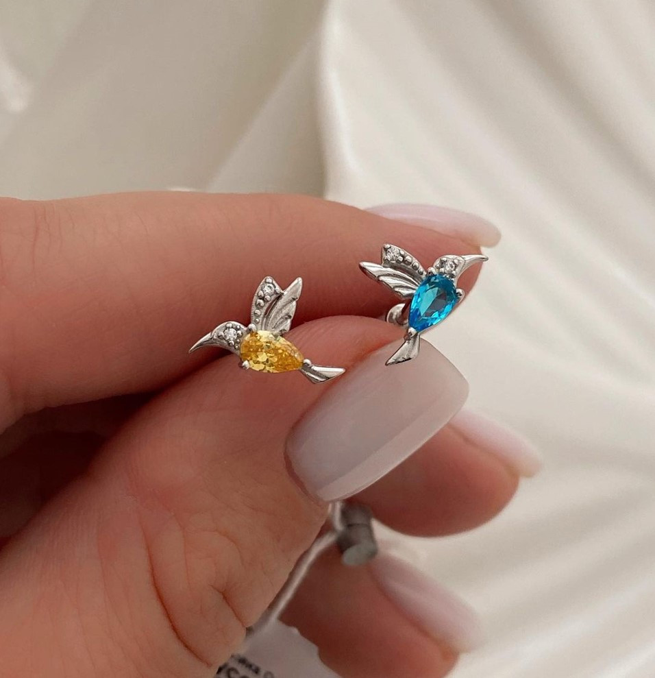 Срібні сережки пусети Колібрі