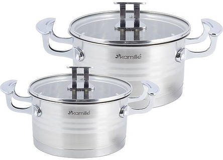 Набір 2 каструлі Kamille Casserote 1.5л 7travі 2.4л 7travз нержавіючої сталі зі скляними кришками, фото 1