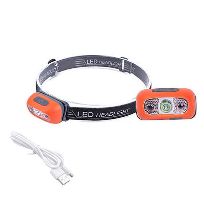 Світлодіодний акумуляторний налобний ліхтар 3xLED Mini Headlamp 350 lumens 800 mAh USB Orange