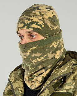 Комплект зимовий флісовий бафф (шарф-труба) та шапка, колір піксель, олива, розмір S/55-56, M/57-58, L/59-60