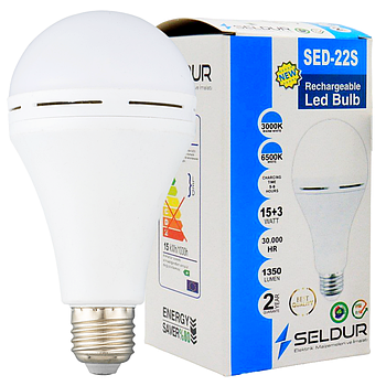 Акумуляторна лампочка 15 Вт, 3-4 години, Е27, 1350Лм, SELDUR / Аварійна LED лампа з вбудованим акумулятором