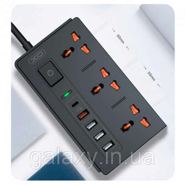 Подовжувач XO 3 розетки + 4 USB + Type-C PD/QC 1,8м мережевий фільтр WL06 Black