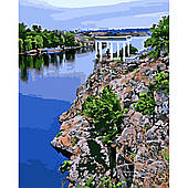 Картина за номерами Strateg ПРЕМІУМ Ластівчино гніздо на Хортиці з лаком і рівнем 30х40 см (SS-6581)