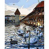 Картина за номерами Strateg ПРЕМІУМ Лебеді на воді з лаком і рівнем 30х40 см (SS-6475)