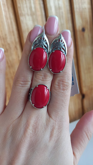 Срібний комплект із червоним коралом овальної форми, фото 1