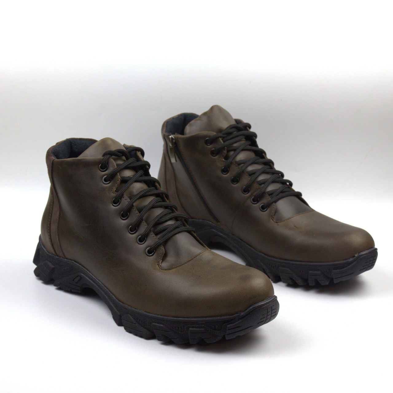 Коричневі зимові шкіряні черевики на хутрі Чоловіче взуття на змійці та шнурках Rosso Avangard North Lion Brown, фото 1