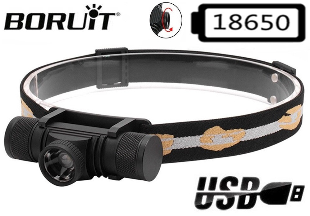 Налобний ліхтар BORUiT D20 із зумом + АКУМУЛЯТОР (6000k, XPG led, USB Type-C, 18650, ЗУМ)