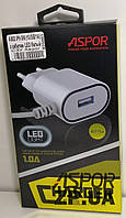 Мережевий зарядний пристрій Aspor A802 (1USB/1A) LED + USB кабель Lightning- білий