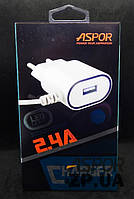 Мережевий зарядний пристрій Aspor A802 Plus (1USB/2.4A) LED + USB кабель Micro- білий