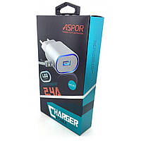 Мережевий зарядний пристрій Aspor A802 Plus (1USB/2.4A) LED + USB кабель Type-C- білий