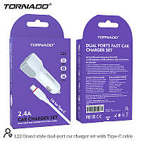 Автомобільний зарядний пристрій Tornado L-22 (2USB/2.4A/1м) + USB кабель Type-C- білий