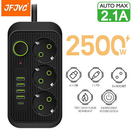 Мережевий фільтр живлення 3 розетки 4 USB + 1 Type-C подовжувач F09U 2м, фото 1