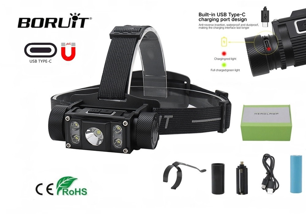 Налобний ліхтар Boruit B50 + акумулятор 21700 (XM-L2+XP-G2*4, 6000лм, USB Type-C, Магніт)