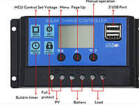Сонячний контролер 12 В/24 В 30 А регулятор ШІМ зарядний пристрій РК-дисплей Подвійний вихід USB 5 В