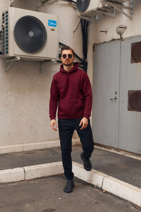 Чоловічий спортивний костюм двоколірний чорно-бордовий на флісі для зими теплий чоловічий спортивний костюм XL, Чоловічий,, фото 1