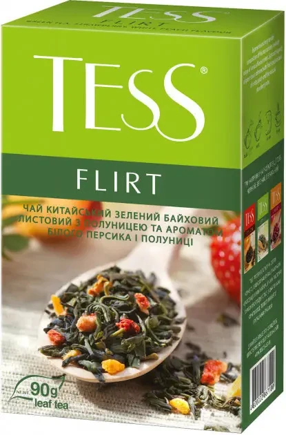 ЧАЙ ЗЕЛЕНОК З ПЕРСИКОМ І ПОЛУНІЦЕЮ TESS FLIRT 90 ГР. Тес флірт 90 грамів, Китайський зелений чай гринфілд