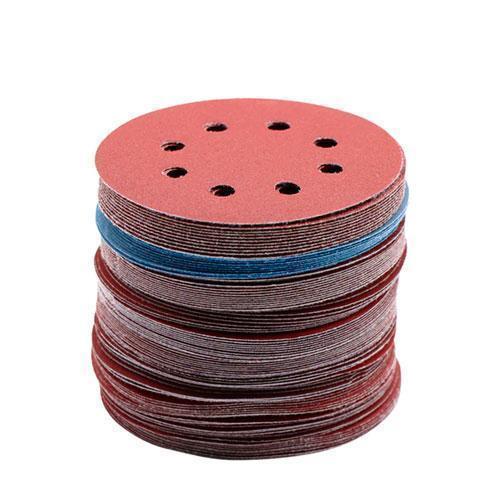 Набір з 100 шліфувальних кругів 125 мм 8 отворів, на липучці для шліфування деревини та металу