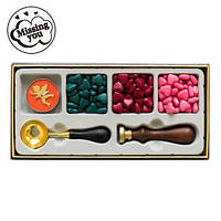 Набір для сургучних печаток, 3 кольори, свічка, ложка, печатка Missing You, в подарунковій упаковці