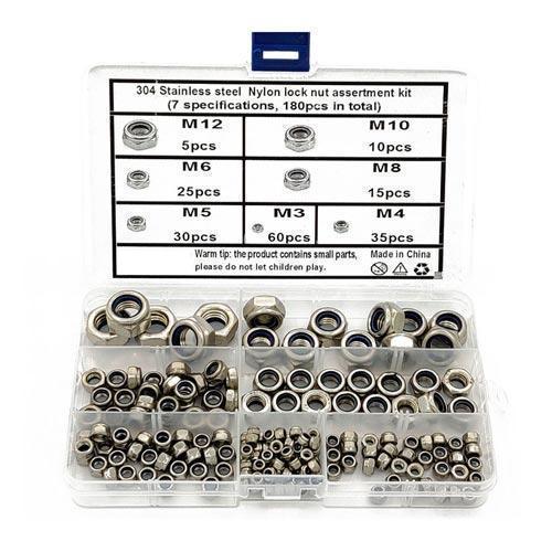 Гайка стопорна шестигранна, 180 шт, контргайка M3-M12, нержавіюча сталь, набір в кейсі 425 г