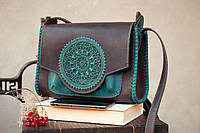 Вместительная, качественная авторская кожаная сумка с замочком через плечо Модерн коричнево-бирзовая