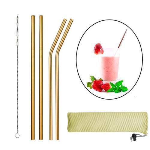 Набір з 4 металевих еко трубочок для напоїв, золото, з щіточкою та сумкою-чохлом