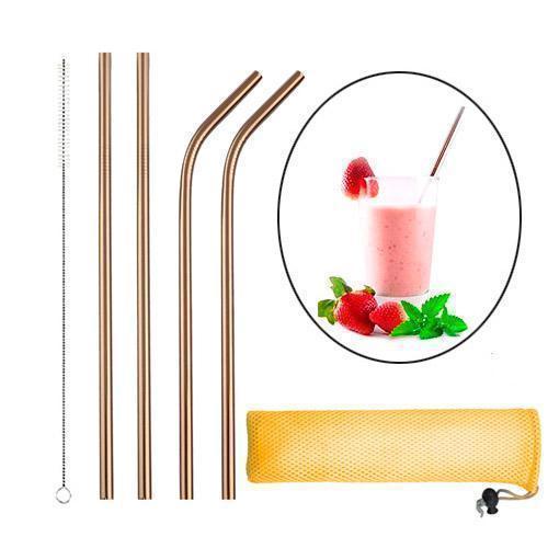 Набір з 4 металевих еко соломинок трубочок для напоїв, рожеве золото, з щіткою та сумкою-чохлом