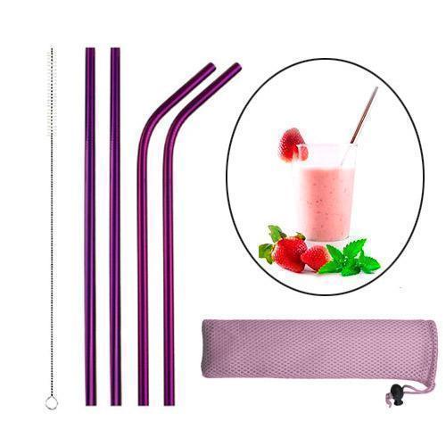 Набір з 4 металевих еко трубочок для напоїв, фіолетовий, з щіткою та сумкою-чохлом