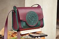 Вместительная, качественная авторская кожаная сумка с замочком через плечо Модерн бордово-зеленая