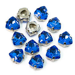 Стрази скло К9 в металевій оправі Трикутник 7 мм Сапфір 4 шт.